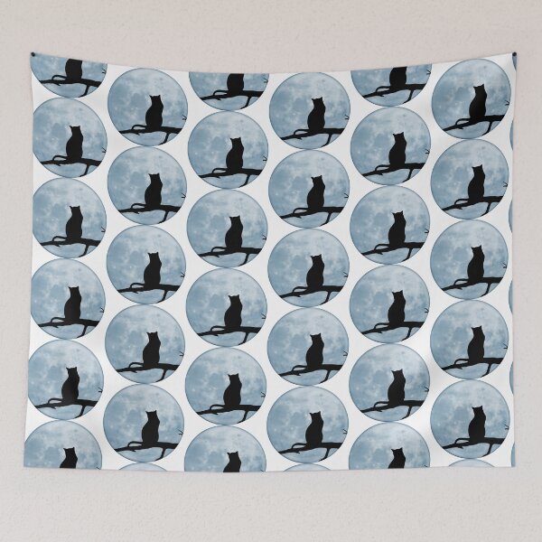 Item preview, Silhouette cat looking at a blue moon designed and sold by FinishYourSong.
