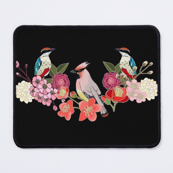 Item preview, Eastern delight, Japanese garden, waxwing, fairy pitta, cherry blossom, camelia (black) designed and sold by Naty Design Prague.