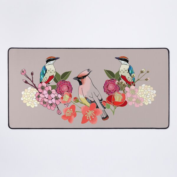 Item preview, Eastern delight, Japanese garden, waxwing, fairy pitta, cherry blossom, camelia (beige) designed and sold by Naty Design Prague.