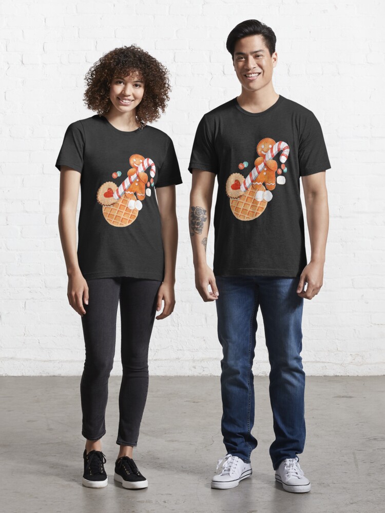 Adorable Gingerbread Man Standing On A Waffle Holding A Candy Cane |  Essential T-Shirt