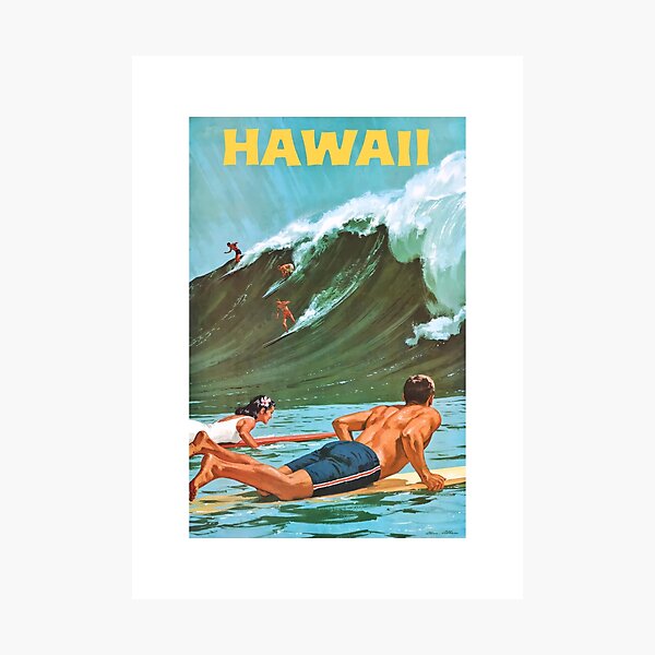 Item preview, 1960 HAWAII Big Wave Surfing Travel Poster designed and sold by retrographics.
