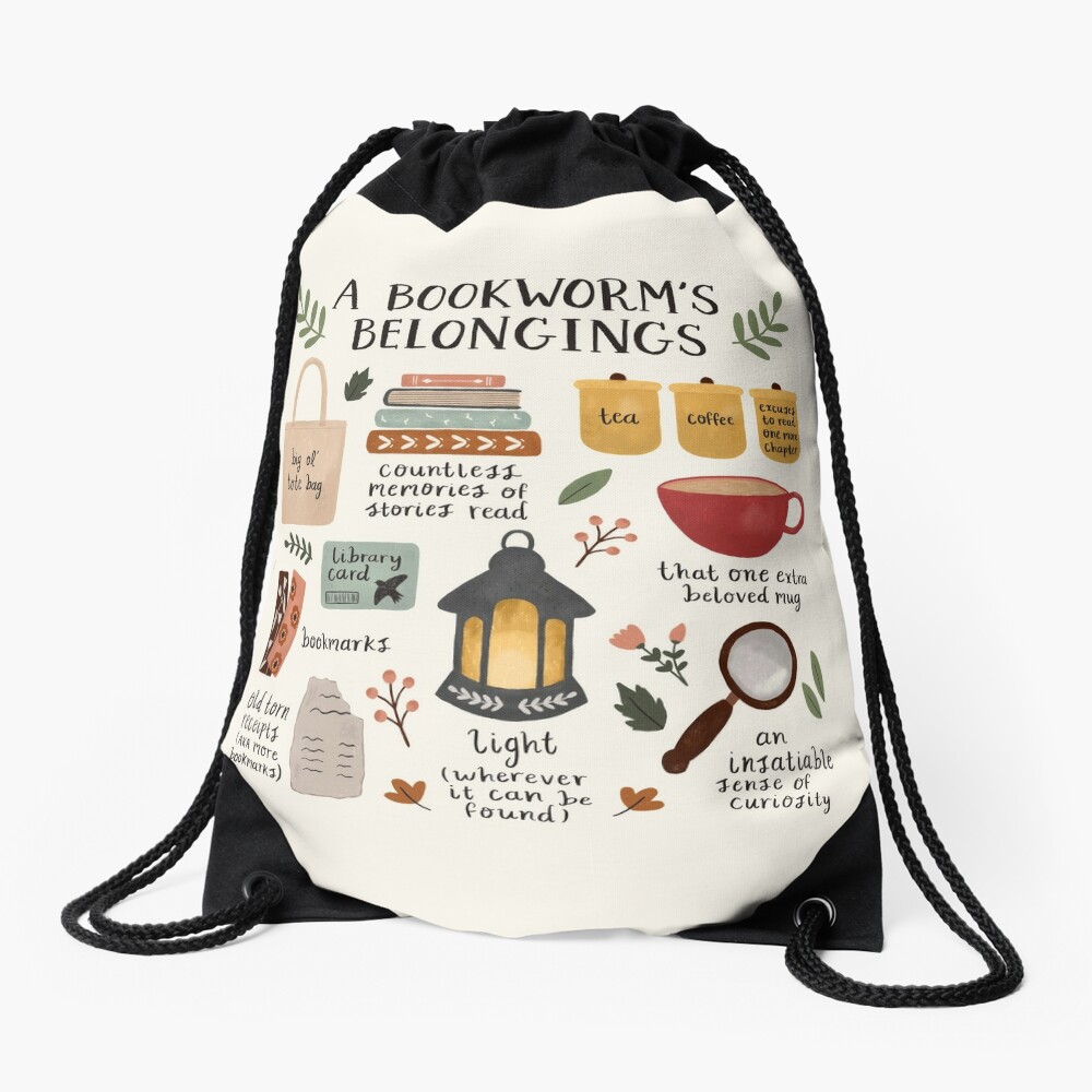 A Bookworm's Belongings Drawstring Bag