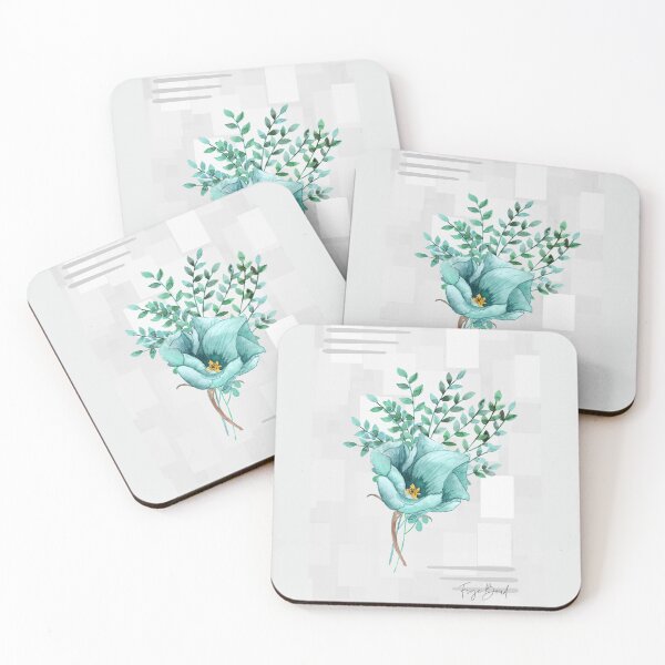 Item preview, Turquoise Flower and Foliage Watercolor on Abstract Grey Shapes Background-Tranquil Peaceful and Serene Art Home Decor designed and sold by Hanlar.