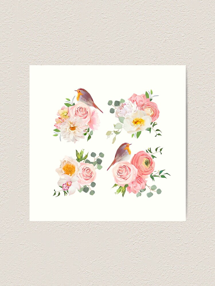 Bunte Blumenstrausse Des Fruhlinges Und Nette Rotkehlchenvogelvektor Designgegenstande Pfirsichfarbene Rosen Dahlien Nelken Orchideen Und Ranunkeln Im Japanischen Stil Kunstdruck Von Lavendertime Redbubble