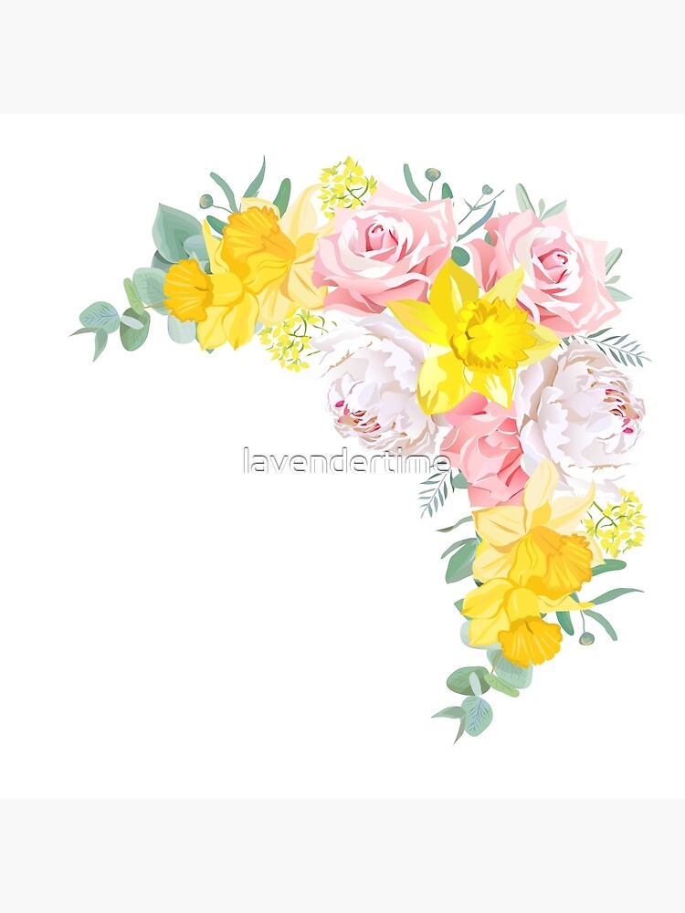 Postal «Marco floral brillante feliz del vector con la peonía, rosa,  narciso, clavel, eucalipto en blanco. Flores rosas, amarillas y blancas.  Ramo de forma de media luna.» de lavendertime | Redbubble