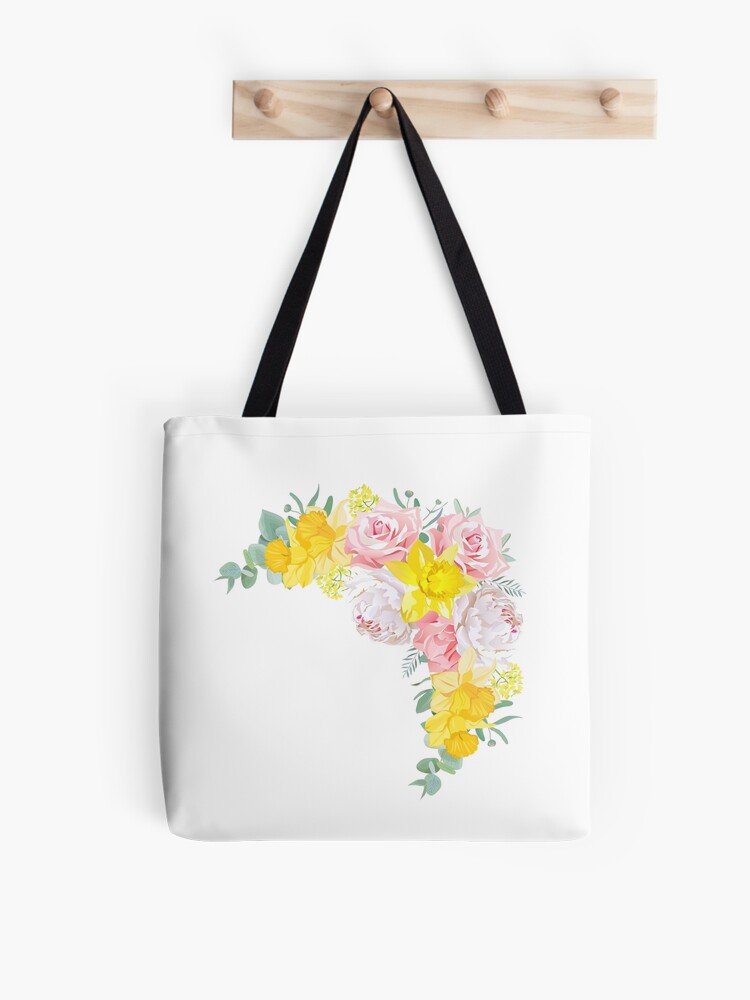 Bolsa de tela «Marco floral brillante feliz del vector con la peonía, rosa,  narciso, clavel, eucalipto en blanco. Flores rosas, amarillas y blancas.  Ramo de forma de media luna.» de lavendertime |