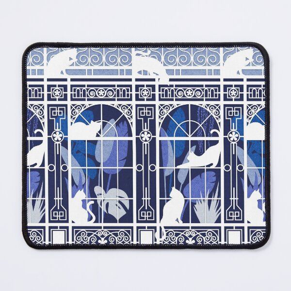 Item preview, Indoor cat garden // oxford navy blue background blue plants white cat silhouettes and cast-iron greenhouse architecture designed and sold by SelmaCardoso.