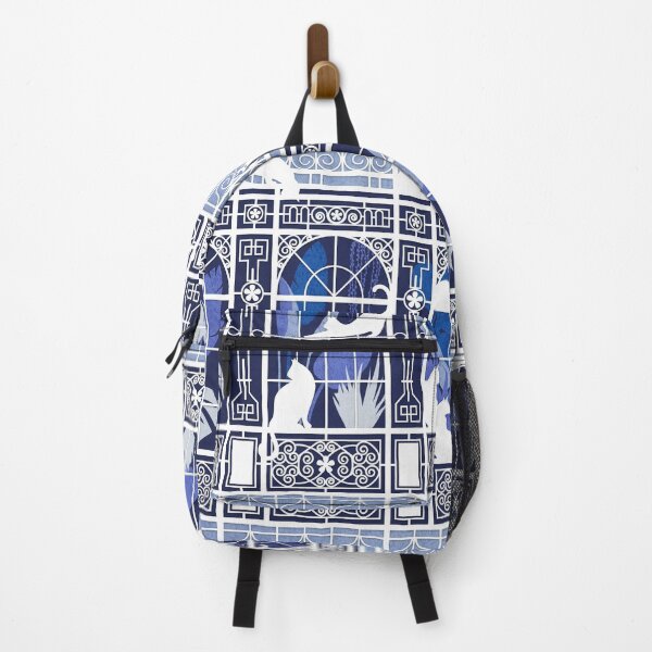 Item preview, Indoor cat garden // oxford navy blue background blue plants white cat silhouettes and cast-iron greenhouse architecture designed and sold by SelmaCardoso.