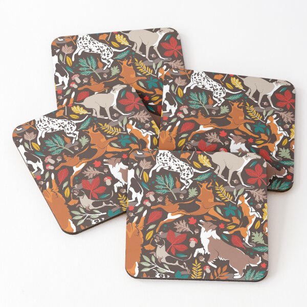 Item preview, Autumn paw-fection // brown oak background dogs jumping and dancing with many leaves in fall colors designed and sold by SelmaCardoso.