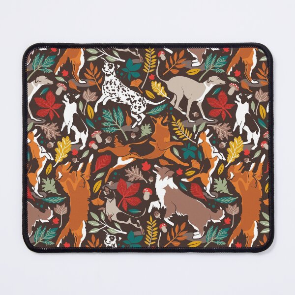 Item preview, Autumn paw-fection // brown oak background dogs jumping and dancing with many leaves in fall colors designed and sold by SelmaCardoso.