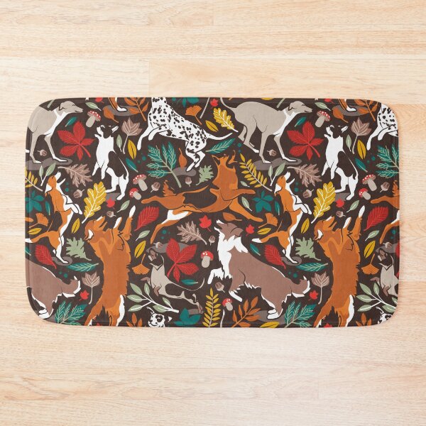 Item preview, Autumn paw-fection // brown oak background dogs jumping and dancing with many leaves in fall colors designed and sold by SelmaCardoso.