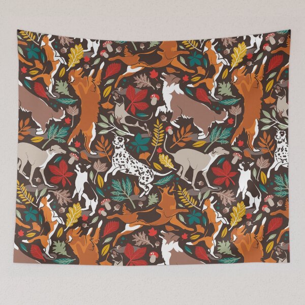 Item preview, Autumn paw-fection // brown oak background dogs jumping and dancing with many leaves in fall colors designed and sold by SelmaCardoso.