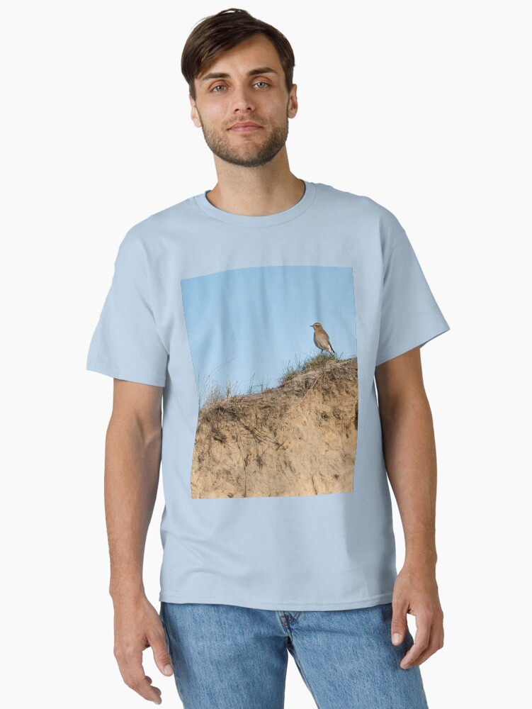 Thumbnail 2 of 7, Classic T-Shirt, Northern wheatear on top of a dune designed and sold by steppeland.