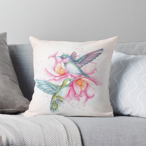 Hummingbirds on flowers Throw Pillow
