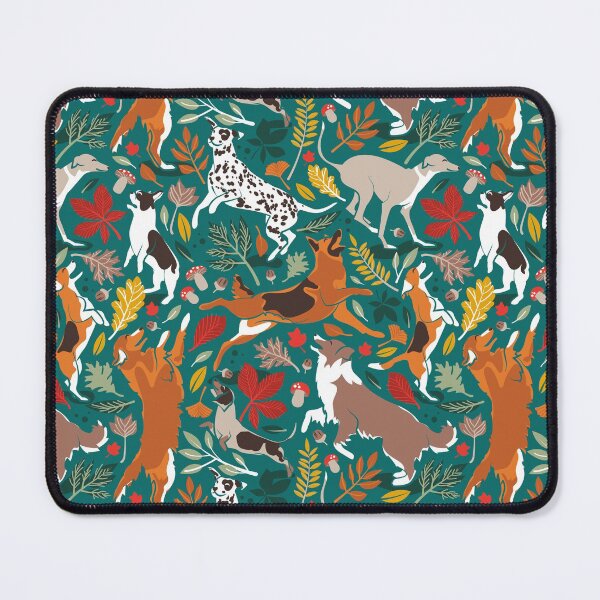 Item preview, Autumn paw-fection // pine green background dogs jumping and dancing with many leaves in fall colors designed and sold by SelmaCardoso.