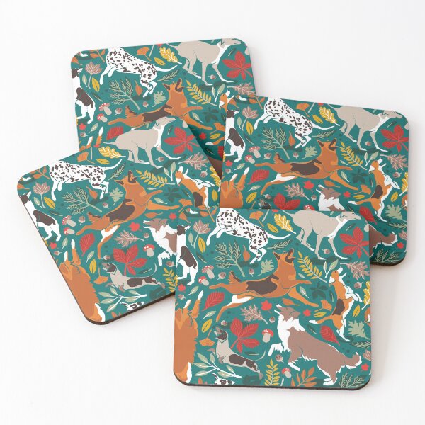 Item preview, Autumn paw-fection // pine green background dogs jumping and dancing with many leaves in fall colors designed and sold by SelmaCardoso.