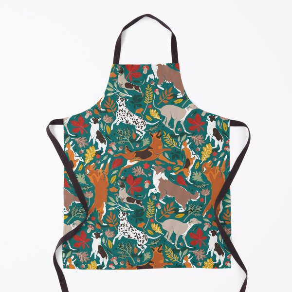 Item preview, Autumn paw-fection // pine green background dogs jumping and dancing with many leaves in fall colors designed and sold by SelmaCardoso.