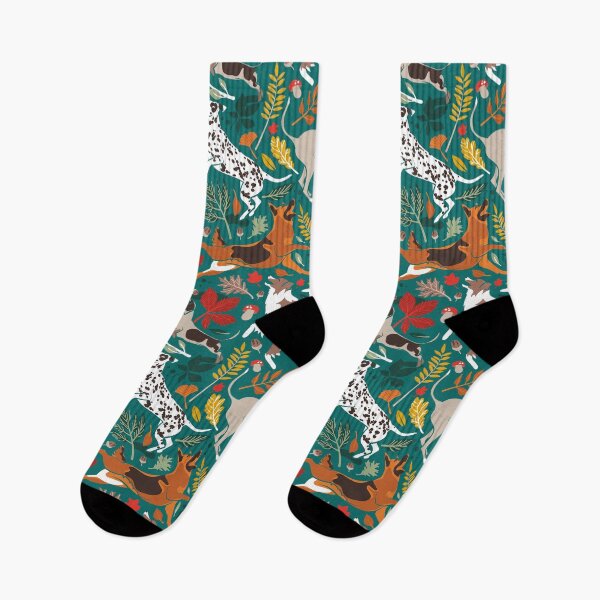 Item preview, Autumn paw-fection // pine green background dogs jumping and dancing with many leaves in fall colors designed and sold by SelmaCardoso.