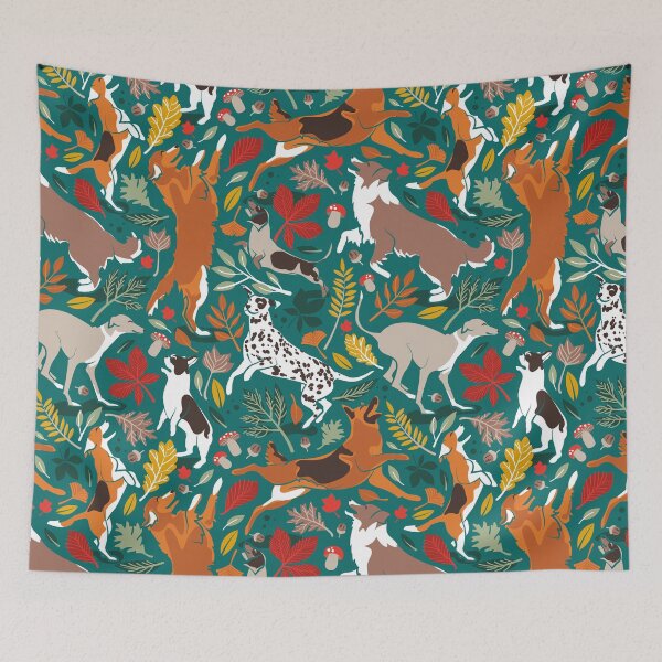 Item preview, Autumn paw-fection // pine green background dogs jumping and dancing with many leaves in fall colors designed and sold by SelmaCardoso.
