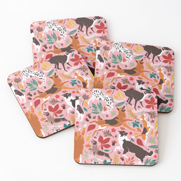 Item preview, Autumn paw-fection // light pink background dogs jumping and dancing with many leaves in fall colors designed and sold by SelmaCardoso.