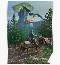 Knight on horseback approaching dragon guarded castle Poster