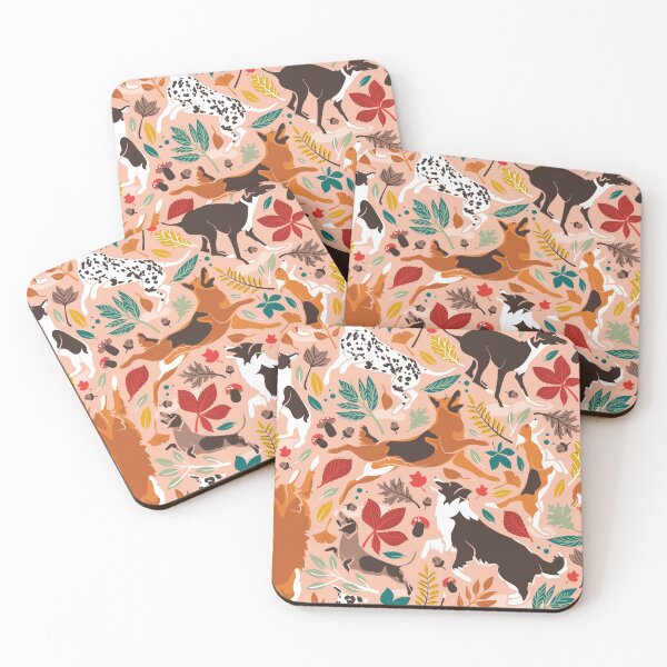 Item preview, Autumn paw-fection // flesh coral background dogs jumping and dancing with many leaves in fall colors designed and sold by SelmaCardoso.