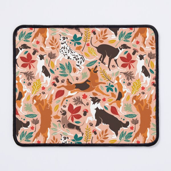 Item preview, Autumn paw-fection // flesh coral background dogs jumping and dancing with many leaves in fall colors designed and sold by SelmaCardoso.