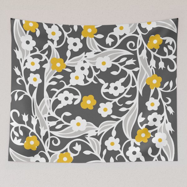 Aperçu de l'œuvre Flowers, leaves, vines, grey, light grey, white, mustard yellow, ochre créée et vendue par Svitac.