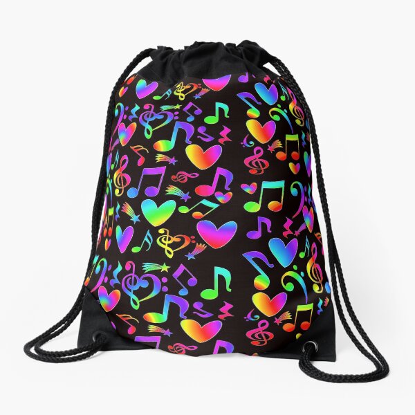 Vista previa del artículo con la obra «Notas musicales de arco iris corazones estrellas sobre negro», diseñado y vendido por Timeforplay.