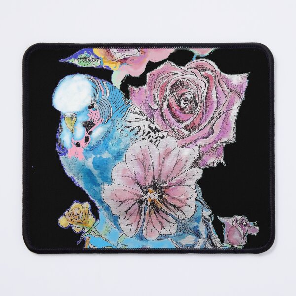 Item preview, Budgie Watercolor Blue and Roses Painting on Black designed and sold by Sarah  Rajkotwala.