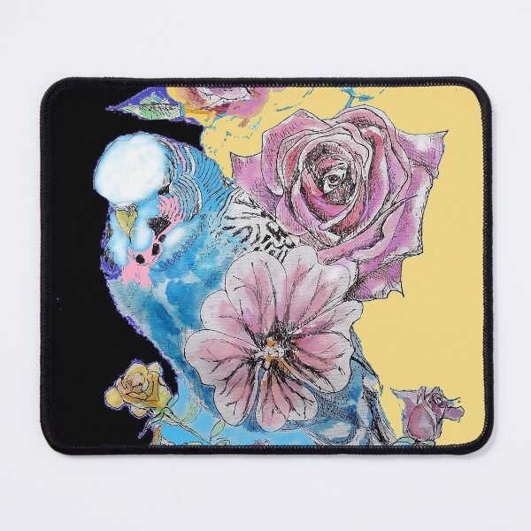 Item preview, Blue Budgie and Rose Watercolor Painting on Yellow and Black designed and sold by Sarah  Rajkotwala.