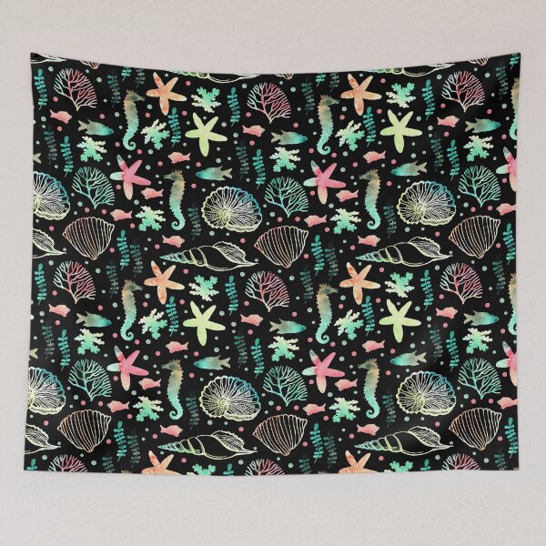 Item preview, Seashells Horse Fishes Plants On Black  designed and sold by HarrioBend.