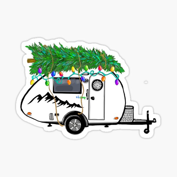 Aperçu de l'œuvre T@B 320 Teardrop Camper ramenant à la maison l'arbre de Noël - Sticker Montagne créée et vendue par Bakenotbomb.