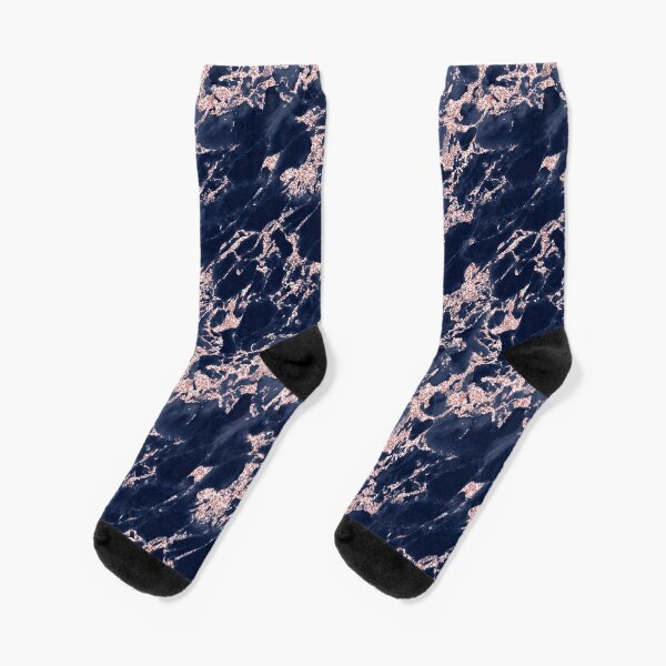 Modern elegant navy blue faux rose gold floral Socks by Pink Water