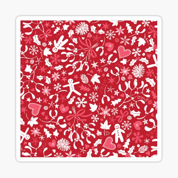 Mistletoe and Gingerbread Ditsy - Red, white and pink - Christmas pattern by Cecca Designs Sticker