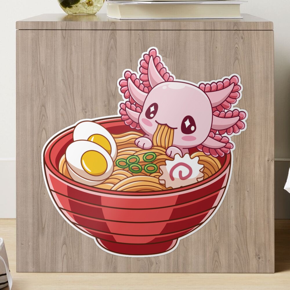 Simpatico axolotl kawaii bianco in ciotola di ramen giapponese con