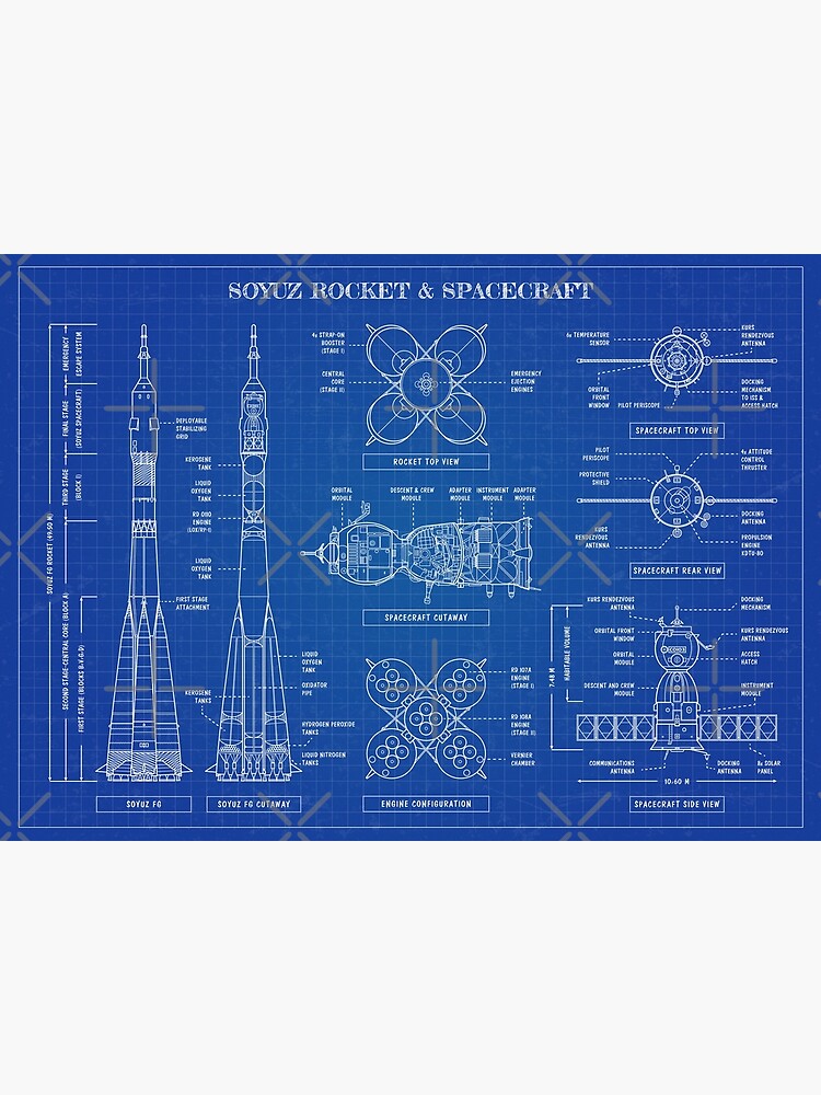 Disover Soyuz Rocket and Spacecraft (Blueprint - English) Premium Matte Vertical Poster