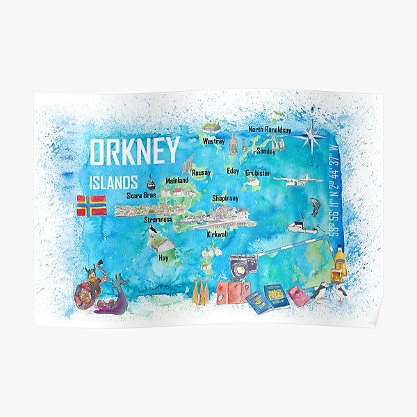Orkney Islands Illustrated Travel Map with Touristic Highlights Poster