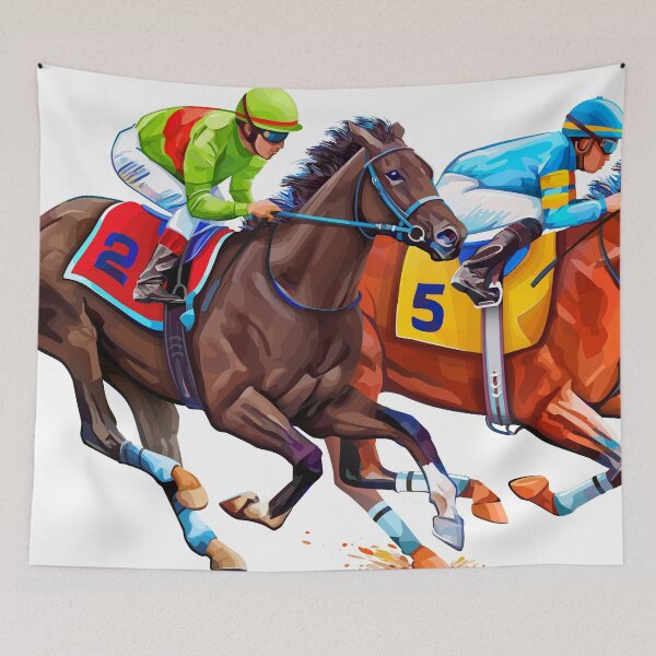 Item preview, Two racing horses in competition. Hippodrome. Hippodrome. Cross the race track. The horse riding. Vector illustration. Derby. Isolated on white background designed and sold by yassineddy.