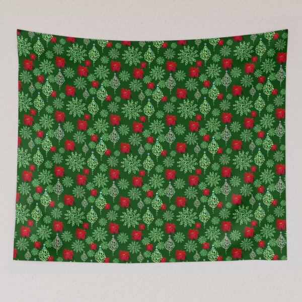 Aperçu de l'œuvre Christmas Tree Ornaments and Poinsettia on Dark Green Repeat 5748 créée et vendue par Art in My Loft.