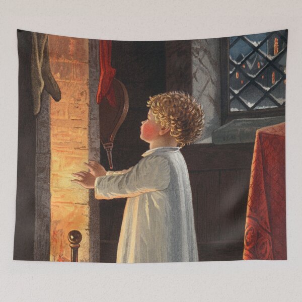 Item preview, Vintage Christmas card depicting a fireplace, stockings and a child designed and sold by Designedbysm.