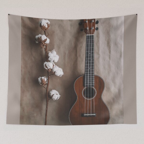 Item preview, Brown concert ukulele and cotton flowers designed and sold by orangerinka.