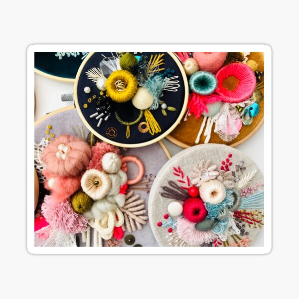 Victorianaland Collection | Hand Embroidery Art inspired by Victorian England Christmas Flowers in pink mustard velvet textile art Sticker