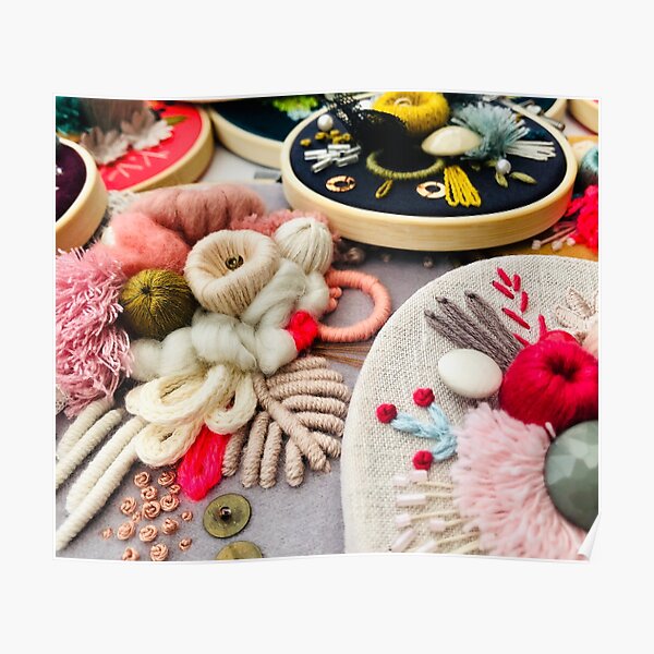 Victorianaland Collection | Hand Embroidery Art inspired by Victorian England Christmas Flowers in pink mustard velvet textile art Poster