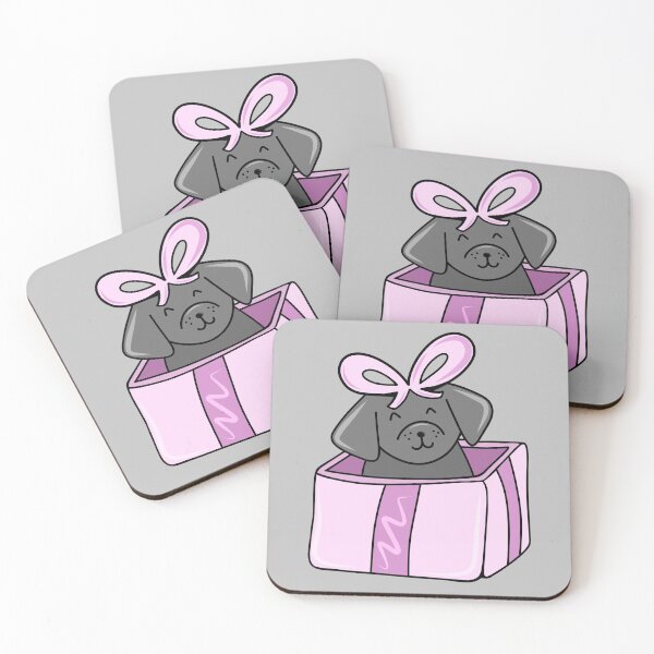 Item preview, Cute Holiday Gray Dog Cartoon in a Pink Giftbox Present on a Gray Backdrop, made by EndlessEmporium designed and sold by EndlessEmporium.