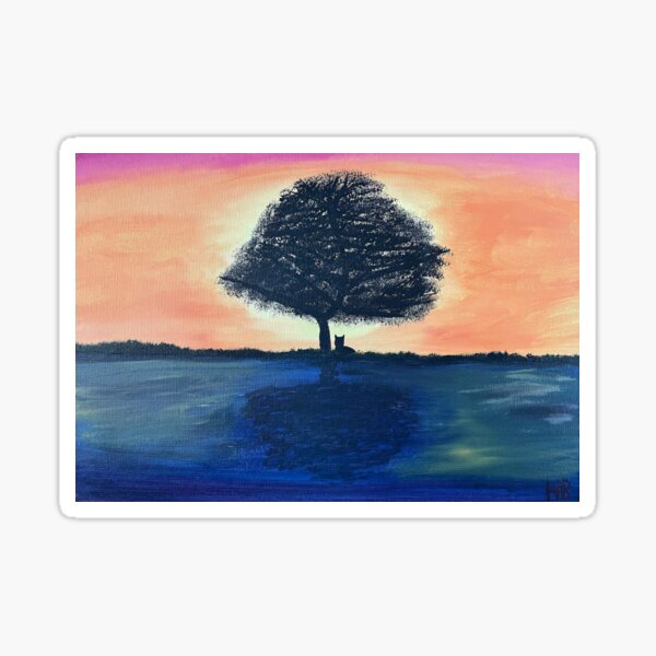 Black Cat under Tree with Sunset and Lake Reflection Sticker