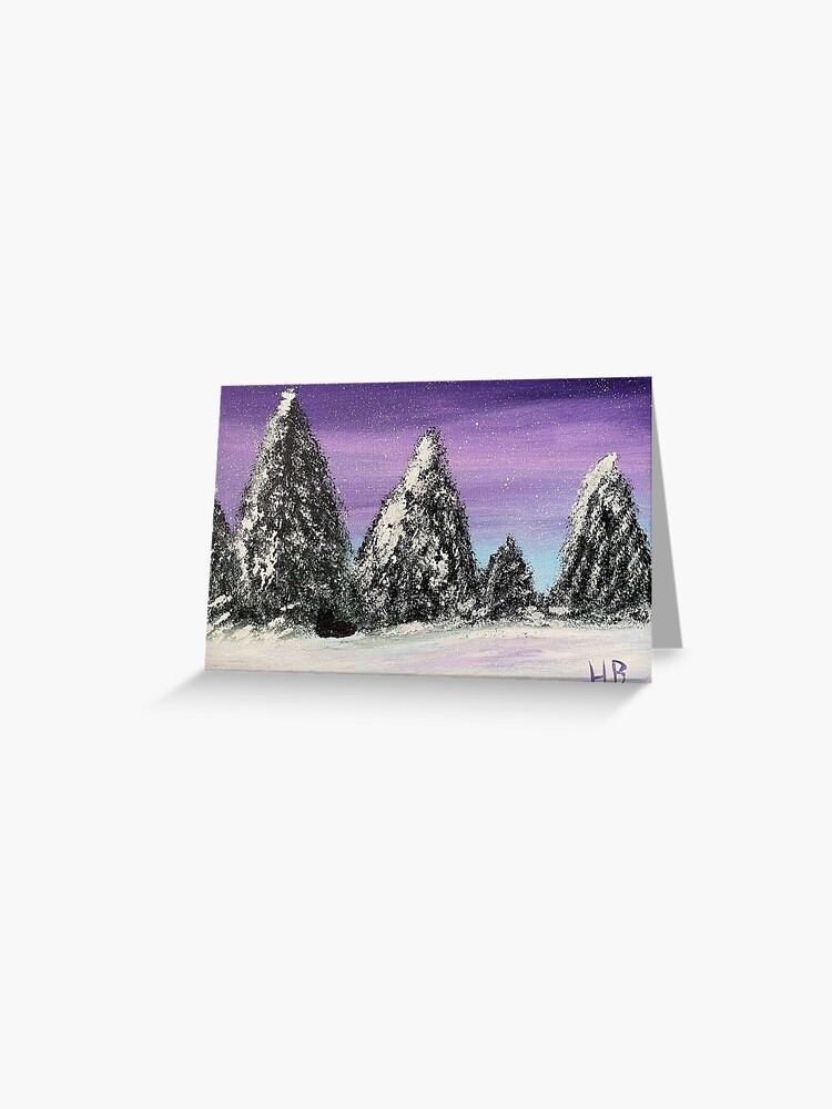 Thumbnail 1 of 2, Greeting Card, Black Cat with Snowy Pine Trees and Purple Sky designed and sold by catladyjoy.