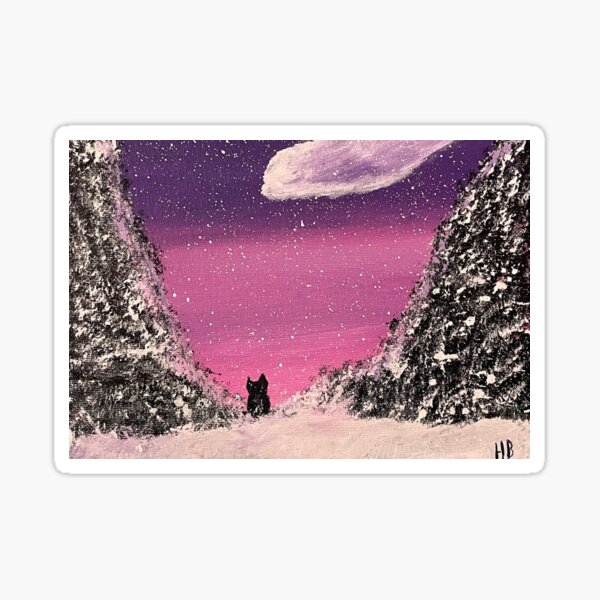 Black Cat with Valley and Snowy Pine Trees - Pink and Purple Sky Sticker