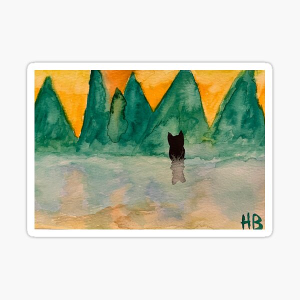 Black Cat with Trees and Lake Sticker