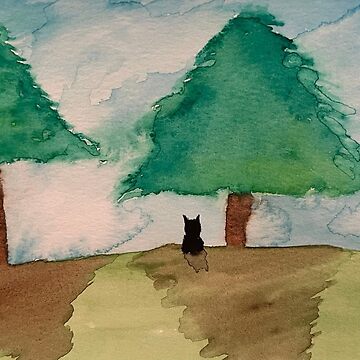 Artwork thumbnail, Two Trees with a Black Cat and Blue Sky by catladyjoy